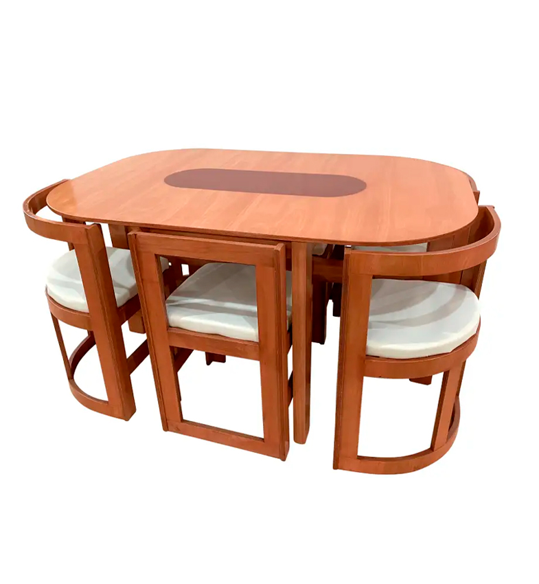 JUEGO DE COMEDOR DE 6 SILLAS (ALASKA) COLOR: CEDRO NATURAL TAPIZADO: BEIGE CLARO