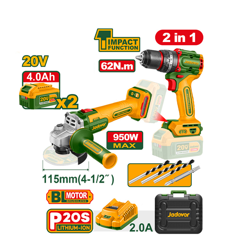 COMBO TALADRO PERCUTOR + AMOLADORA. BL 2X BAT 20V 4AH. + ACC. (M) JADEVER