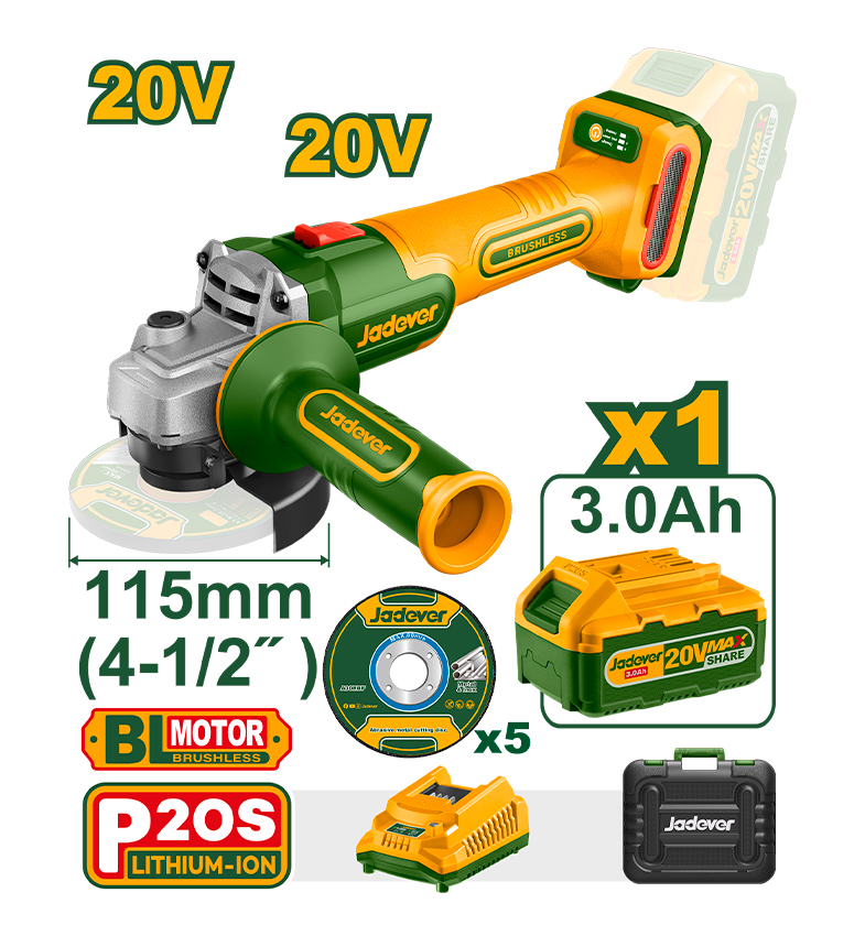 AMOLADORA 115MM BL + ACC. 1X BAT 20V 3AH JADEVER MALETIN